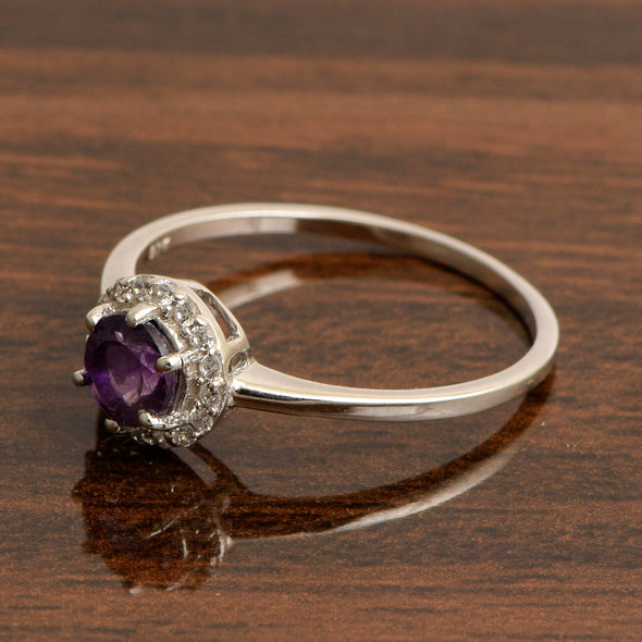 925 Sterling Silver Round 5MM Amethyst Solitaire Accents Ring - Kimaya INC