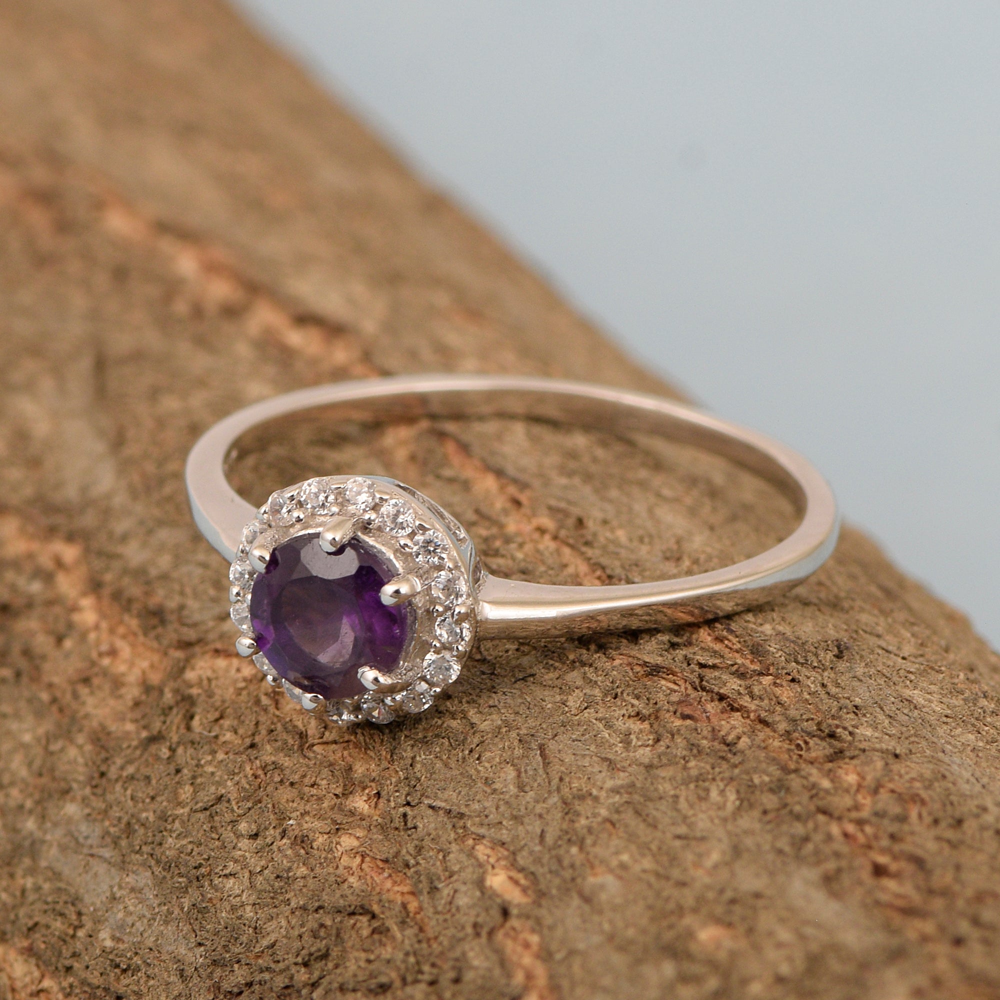 925 Sterling Silver Round 5MM Amethyst Solitaire Accents Ring - Kimaya INC