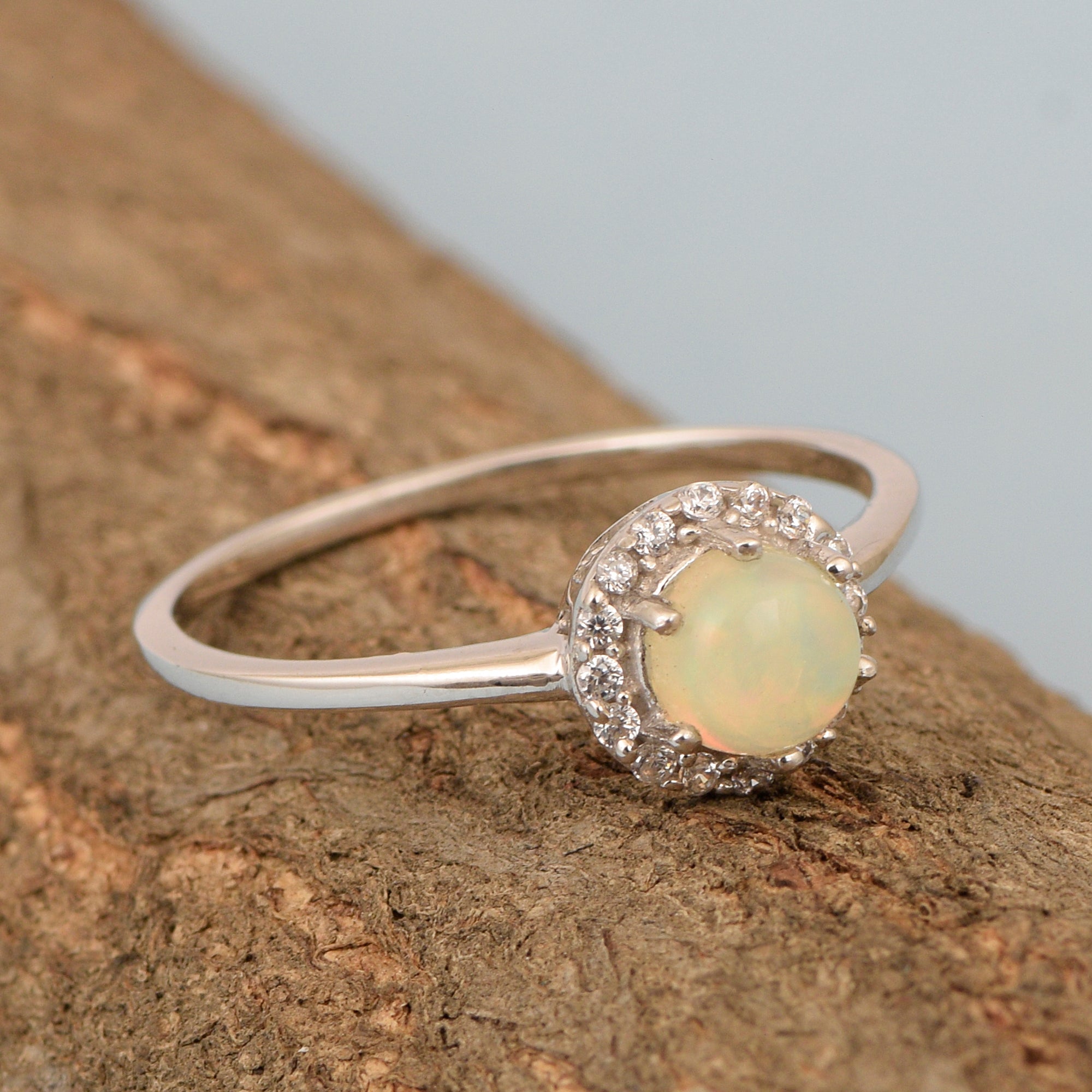 925 Sterling Silver Round 5MM Opal Solitaire Accents Ring - Kimaya INC