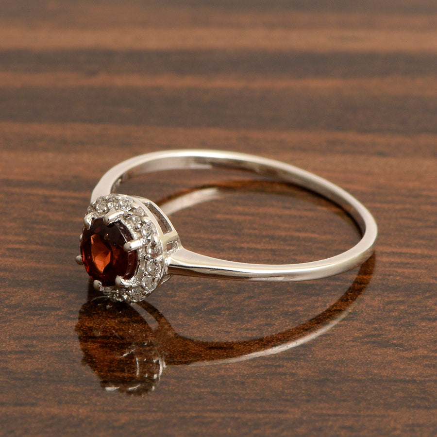 Garnet Solitaire Halo Ring - Sterling Silver