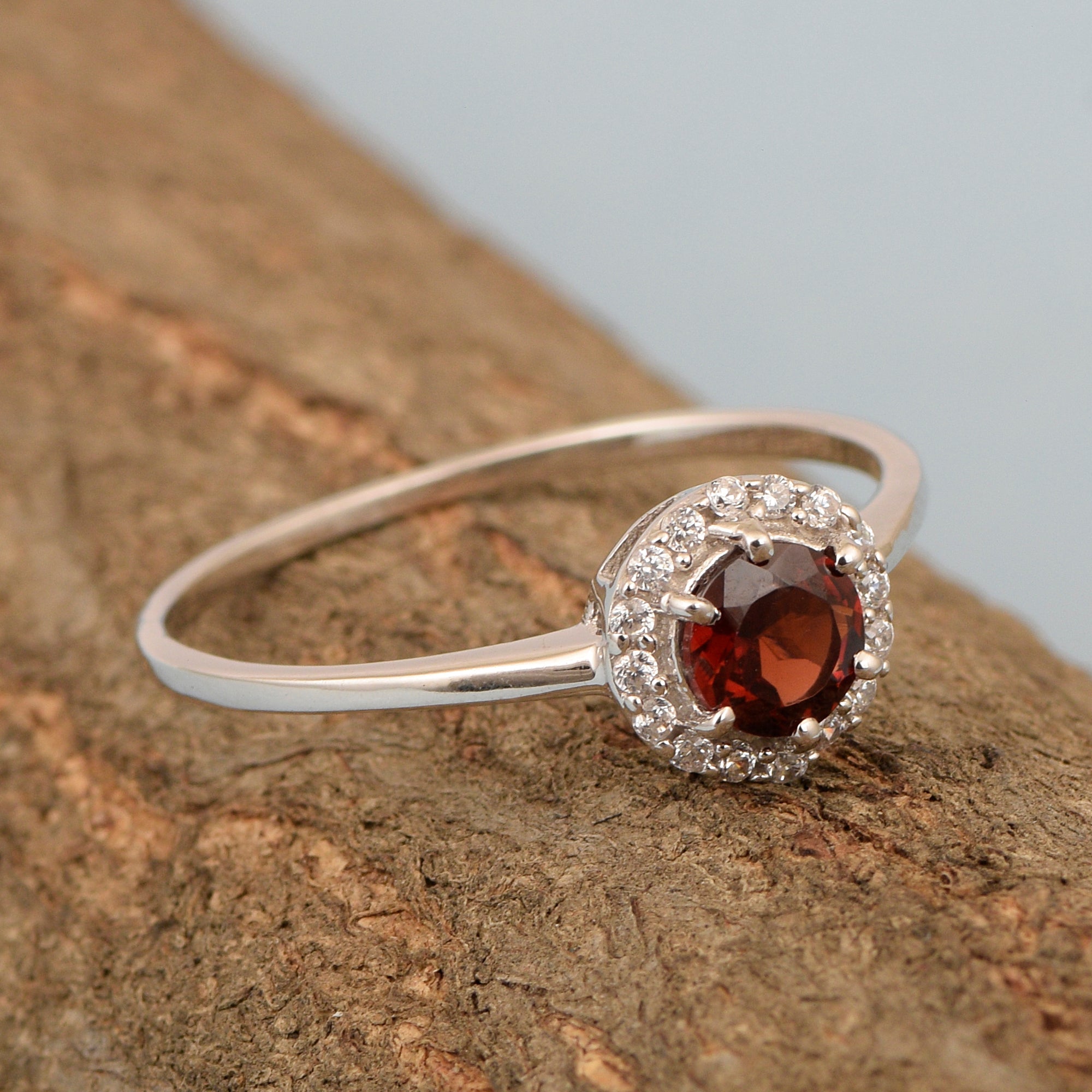 925 Sterling Silver Round 5MM Garnet Solitaire Accents Ring - Kimaya INC
