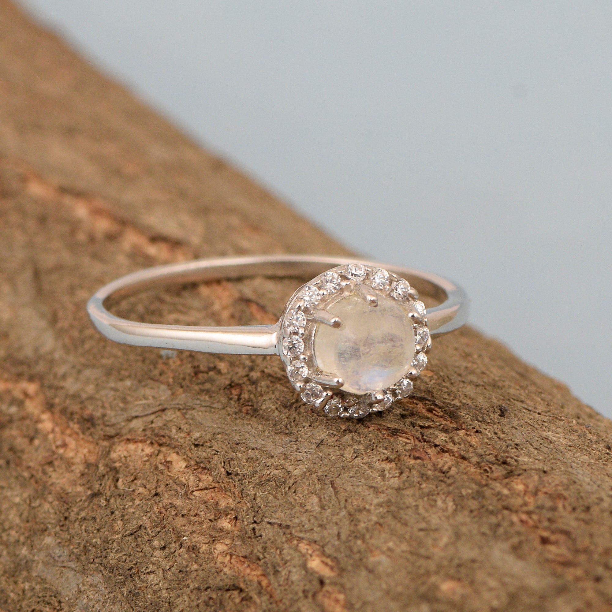 925 Sterling Silver Round 5MM Moonstone Solitaire Accents Ring - Kimaya INC