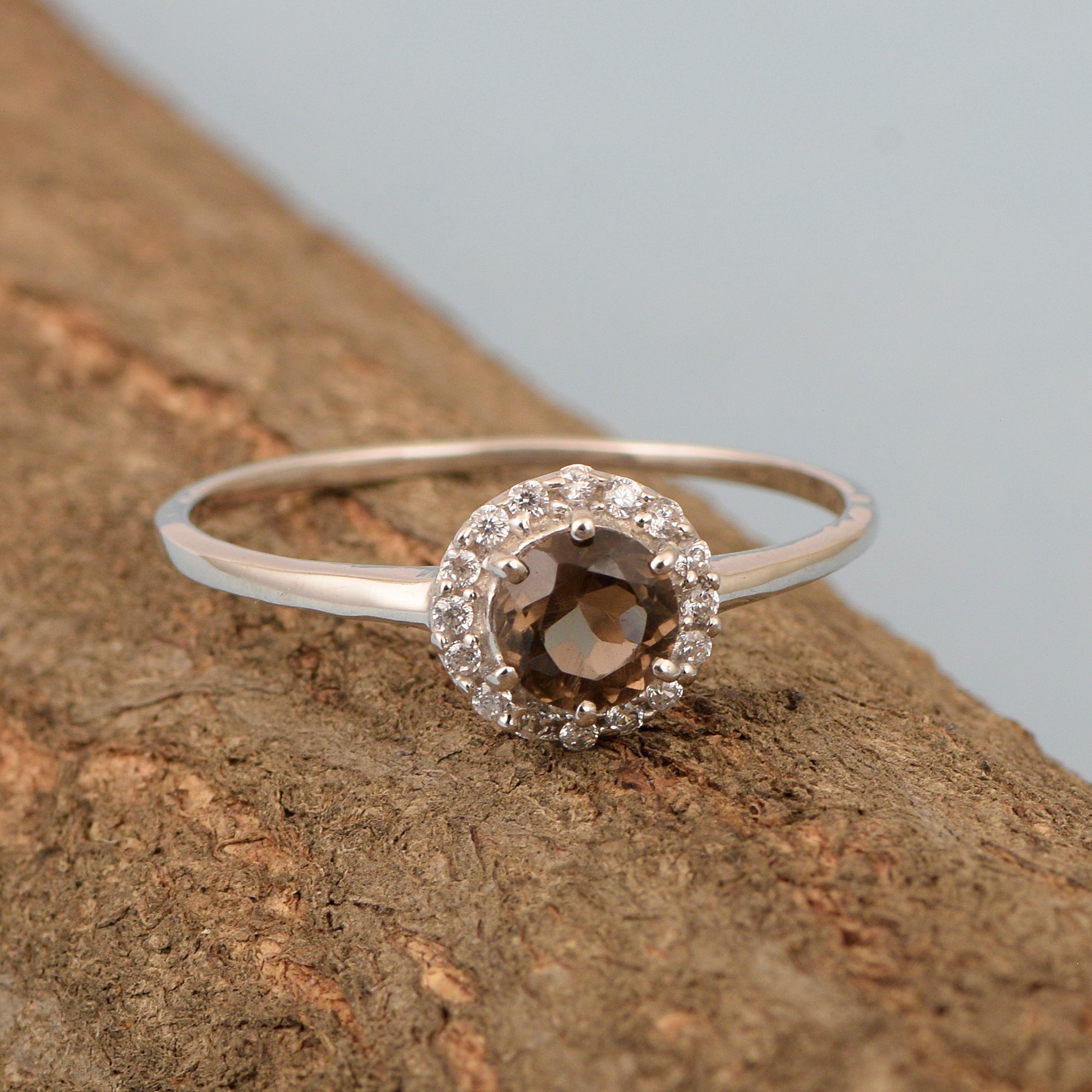 925 Sterling Silver Round 5MM Smoky Quartz Solitaire Accents Ring - Kimaya INC