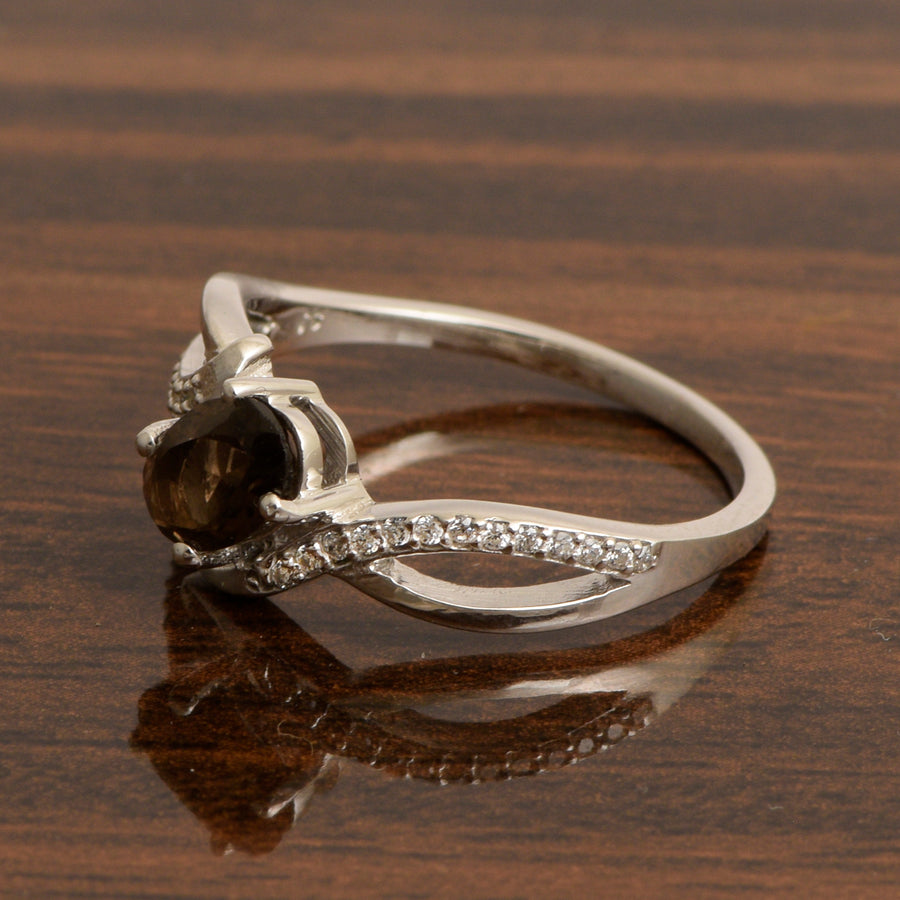 Smoky Quartz Solitaire Split Shank Ring - Sterling Silver