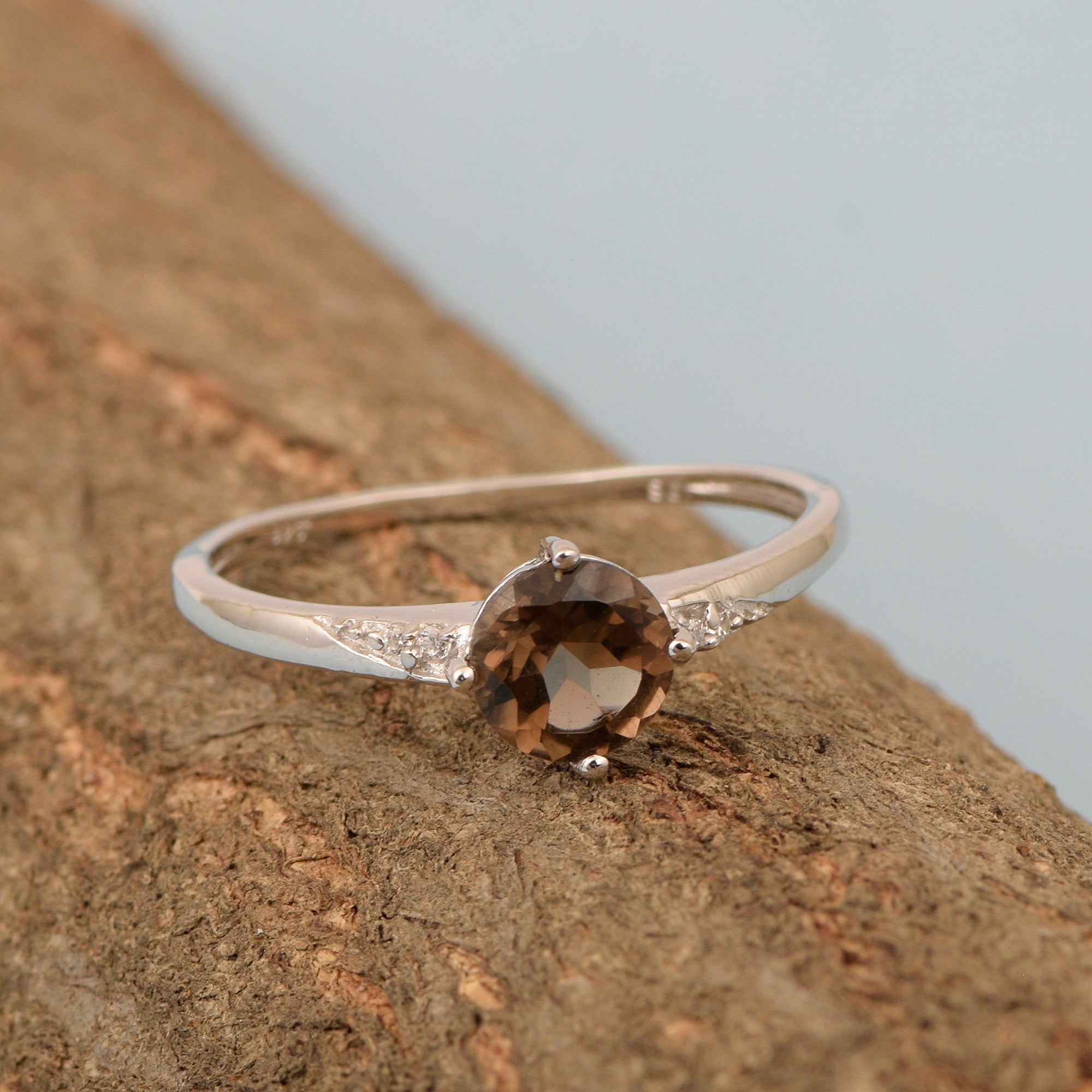 Solitaire Round Smoky Quartz 925 Sterling Silver Women Engagement Ring - Kimaya INC