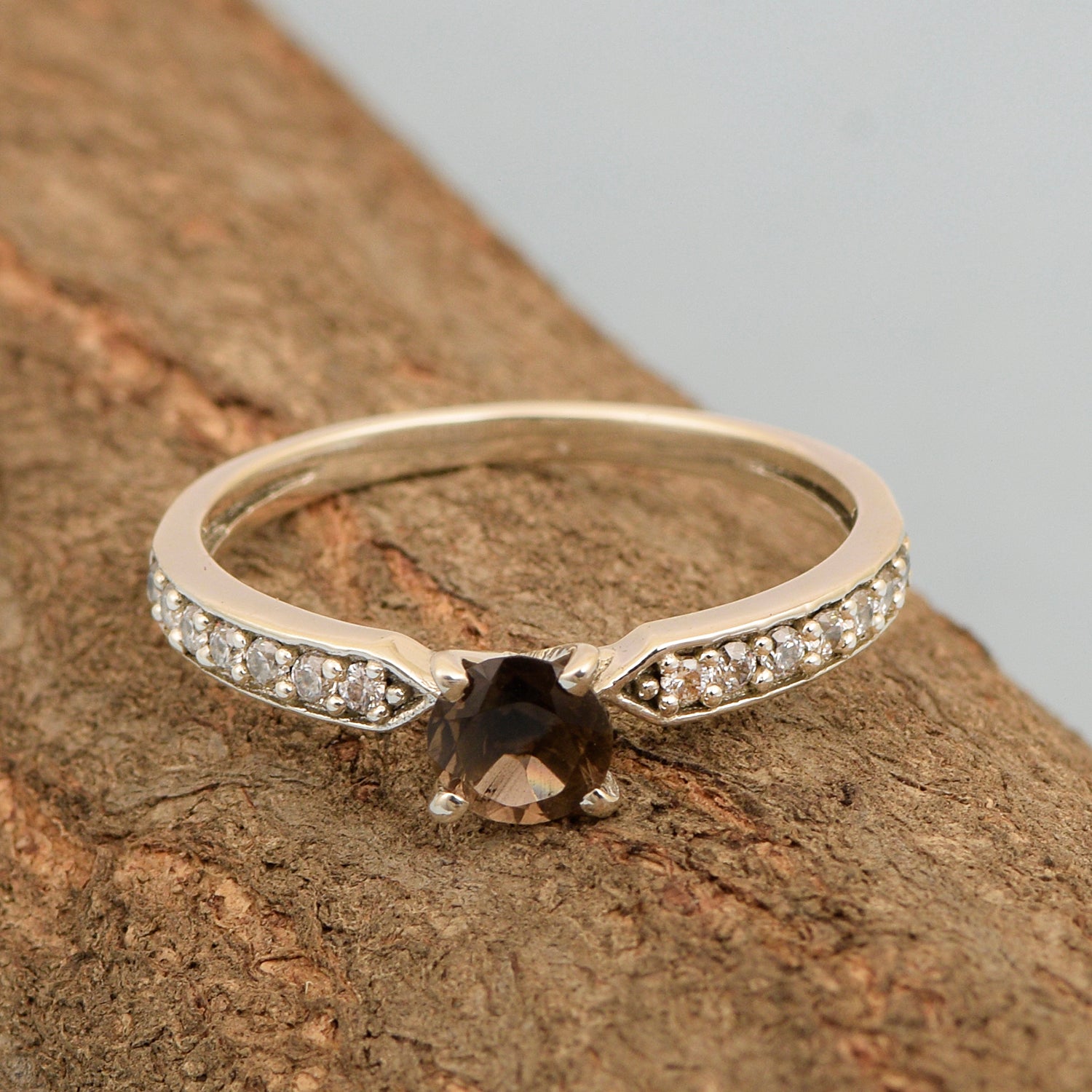 0.50 Ctw Round Cut Smoky Quartz Solitaire Accent 925 Sterling Silver Wedding Ring - Kimaya INC