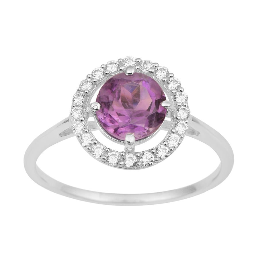 Amethyst Solitaire Halo Ring - Sterling Silver