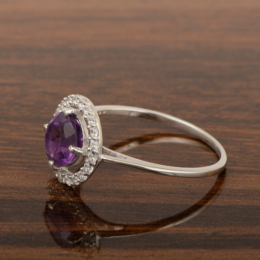 Amethyst Solitaire Halo Ring - Sterling Silver
