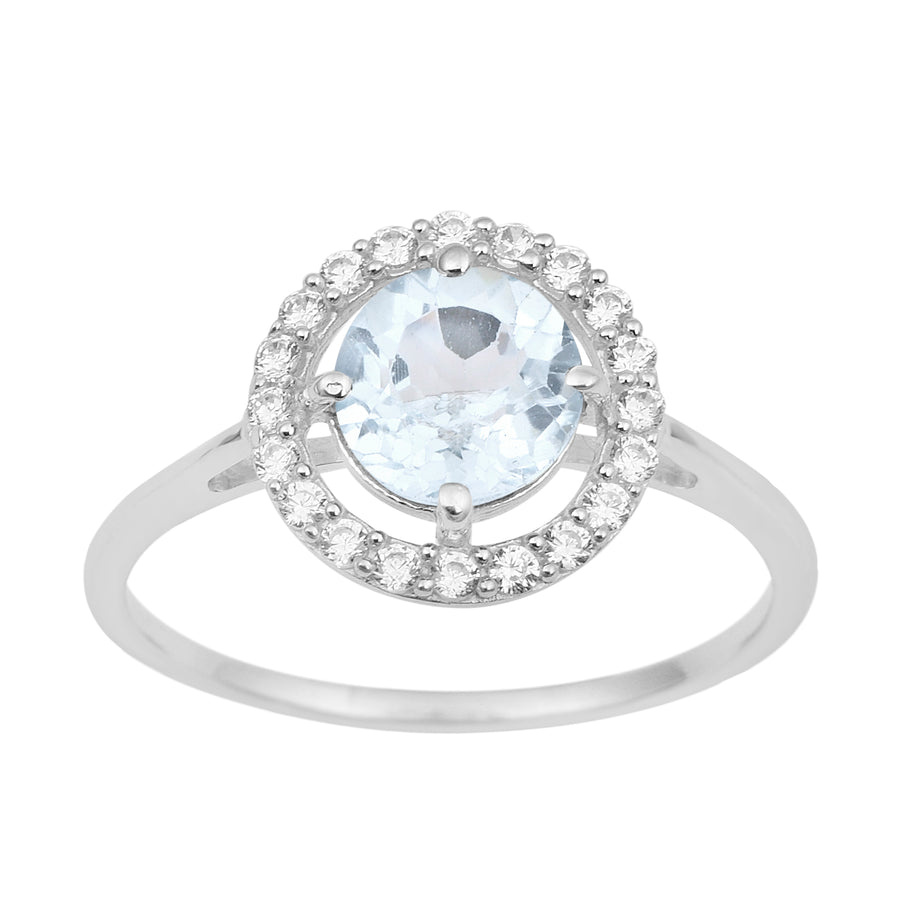 Blue Topaz Solitaire Halo Ring - Sterling Silver