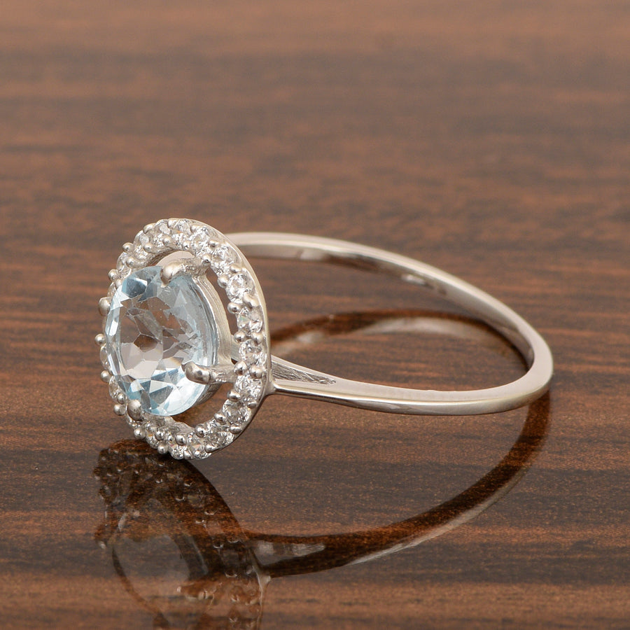 Blue Topaz Solitaire Halo Ring - Sterling Silver