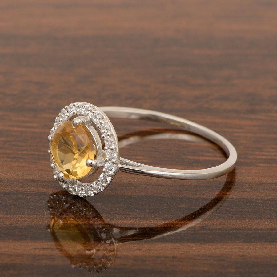 Citrine Solitaire Halo Ring - Sterling Silver