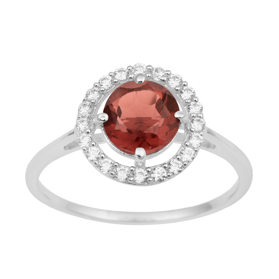 Garnet Solitaire Halo Ring - Sterling Silver