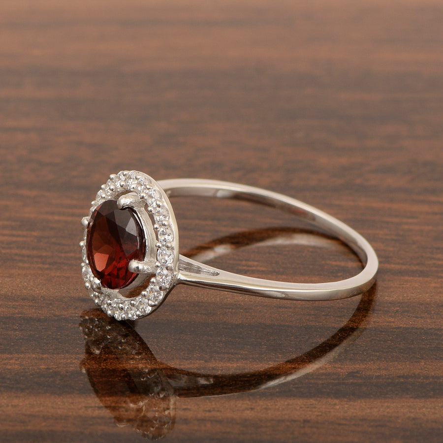 Garnet Solitaire Halo Ring - Sterling Silver