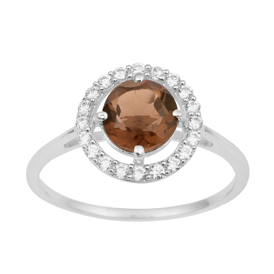 Smoky Quartz Solitaire Halo Ring - Sterling Silver