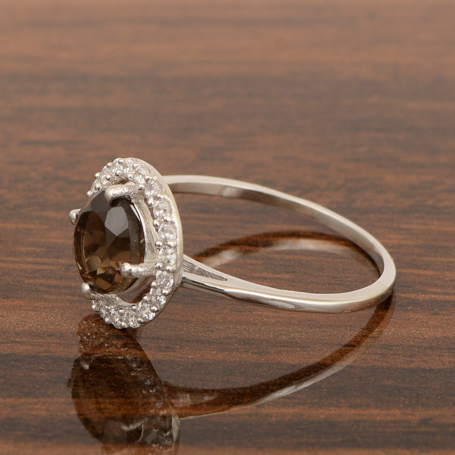 Smoky Quartz Solitaire Halo Ring - Sterling Silver