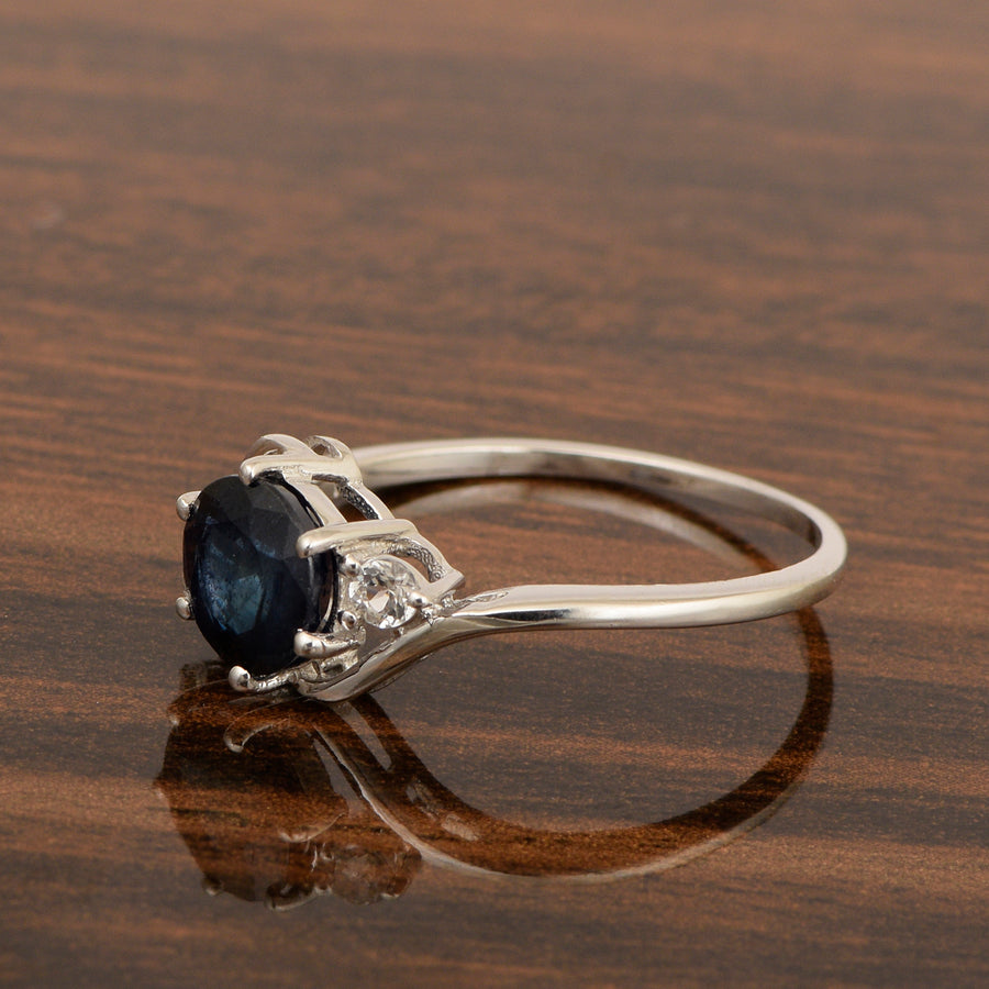 Blue Sapphire Three Stone Bypass Ring- Sterling Silver