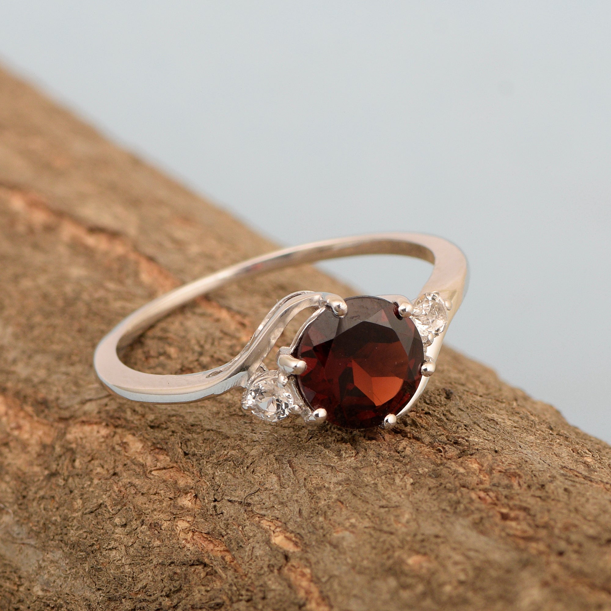 Sterling Silver Timeless Garnet Round 7 MM Women Engagement Ring - Kimaya INC