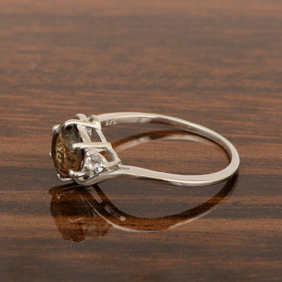 Smoky Quartz Three Stone Bypass Ring- Sterling Silver