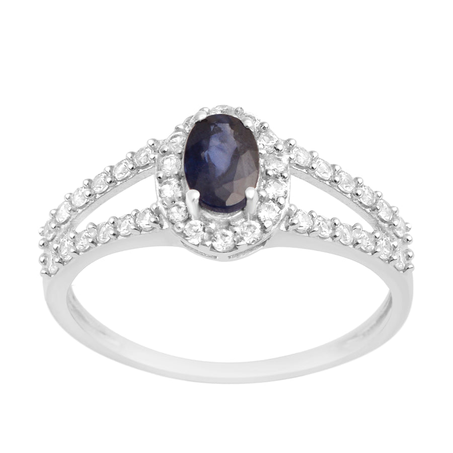 Blue Sapphire Halo Split Shank Engagement Ring -Sterling Silver