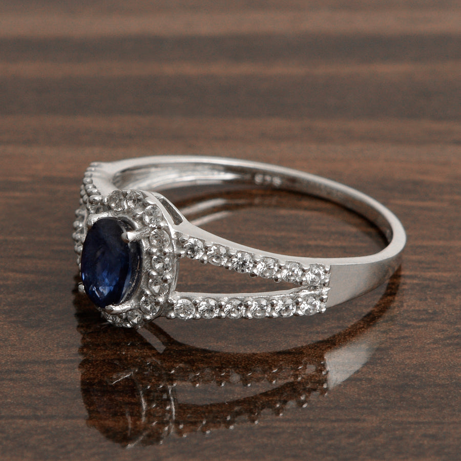 Blue Sapphire Halo Split Shank Engagement Ring -Sterling Silver