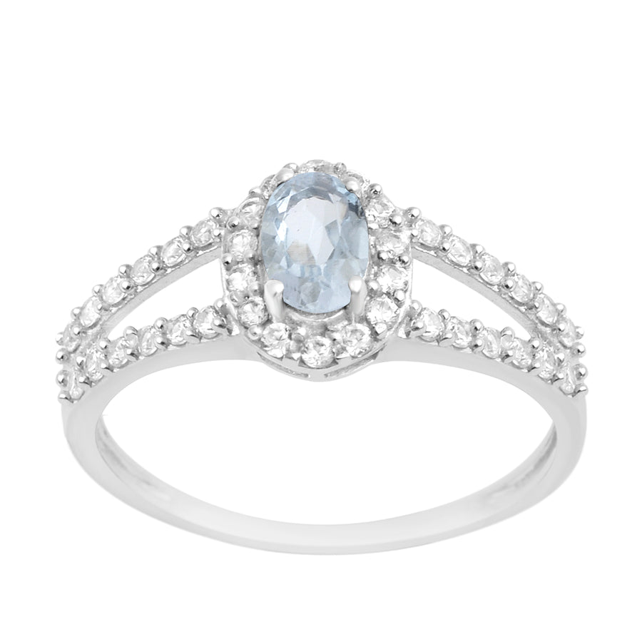 Blue Topaz Halo Split Shank Engagement Ring -Sterling Silver