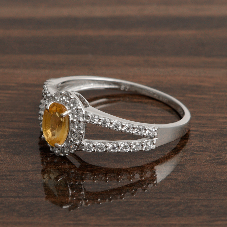 Citrine Halo Split Shank Engagement Ring -Sterling Silver