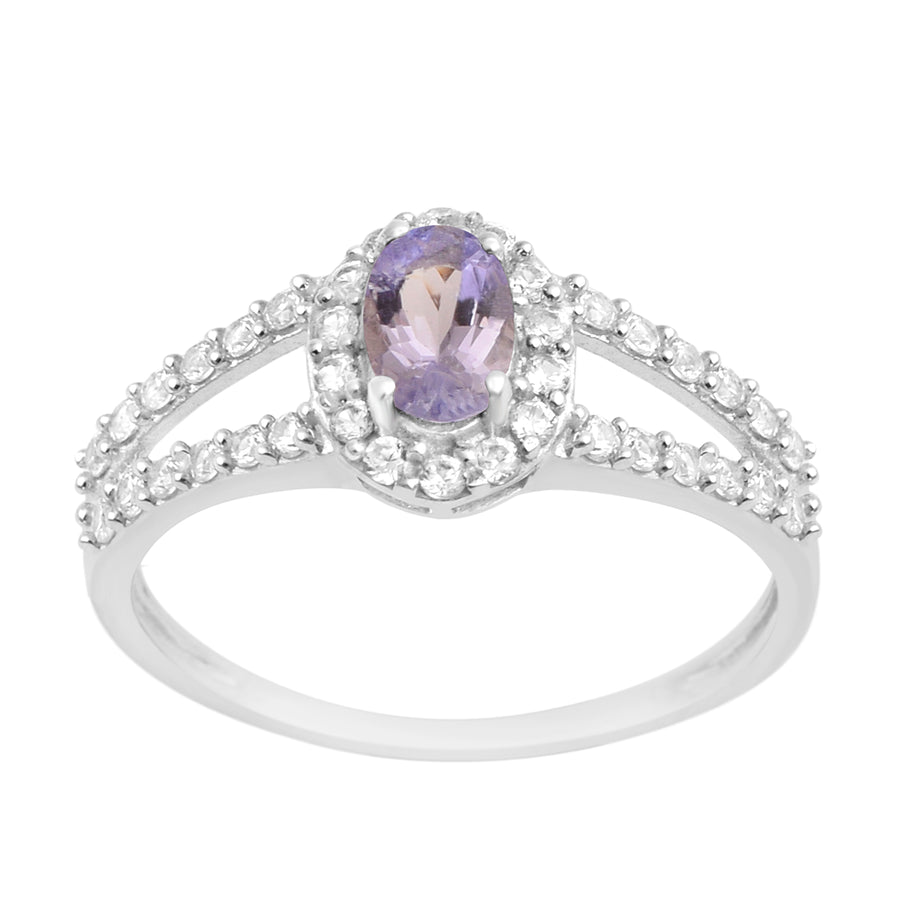 Tanzanite Halo Split Shank Engagement Ring -Sterling Silver