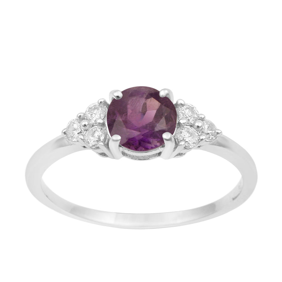 Amethyst Solitaire With Side Accents Ring - Sterling Silver