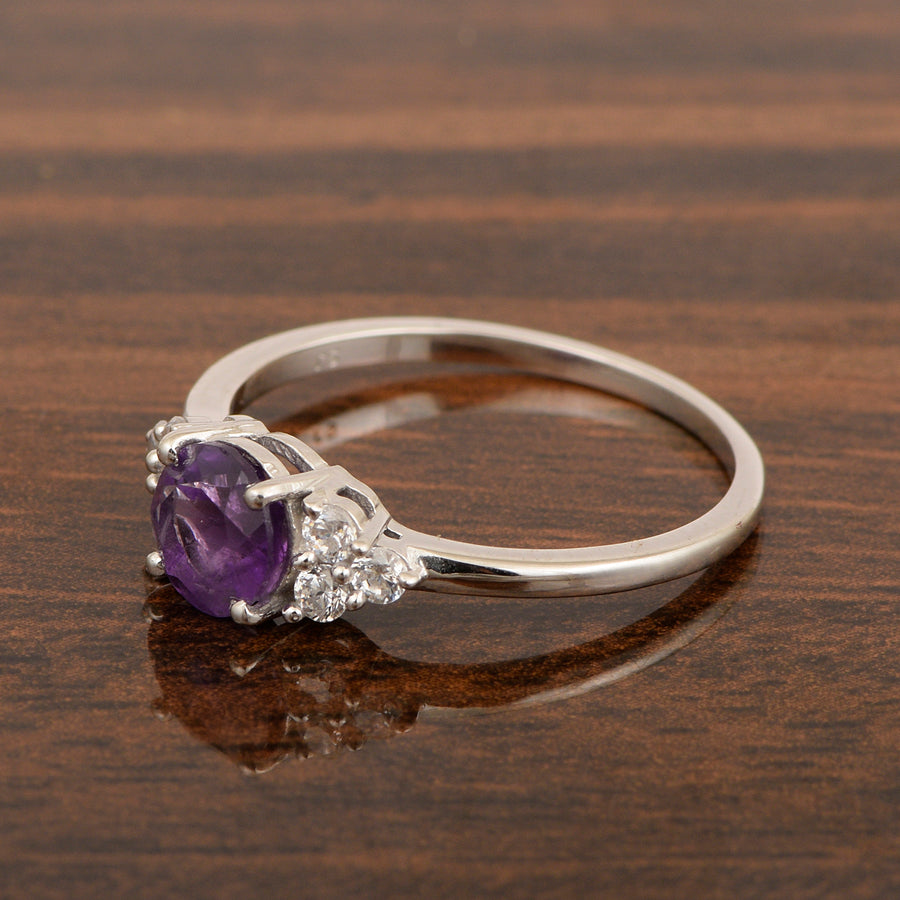 Amethyst Solitaire With Side Accents Ring - Sterling Silver