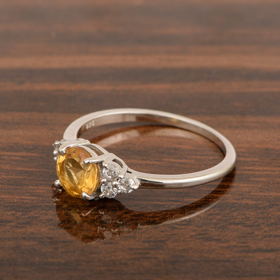Citrine Solitaire With Side Accents Ring - Sterling Silver