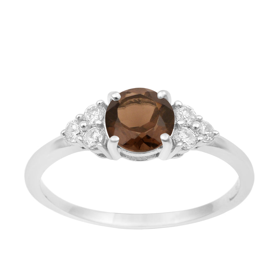 Smoky Quartz Solitaire With Side Accents Ring - Sterling Silver