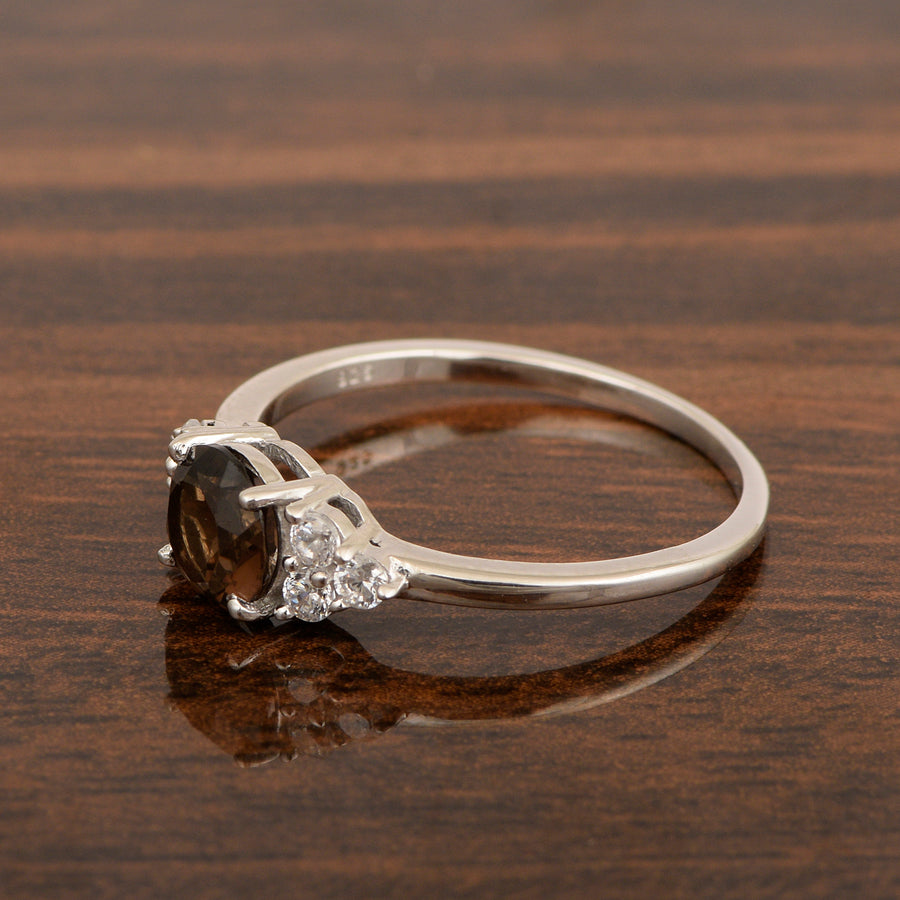 Smoky Quartz Solitaire With Side Accents Ring - Sterling Silver