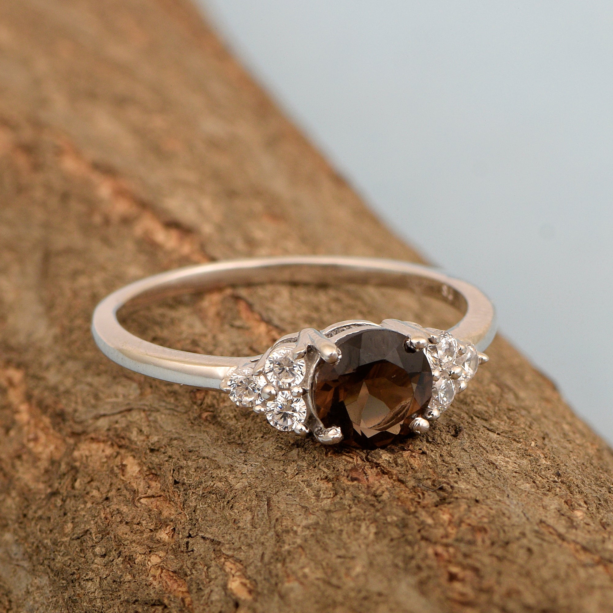 Solitaire Round 0.60 Ctw Smoky Quartz Sterling Silver 925 Women Engagement Ring - Kimaya INC