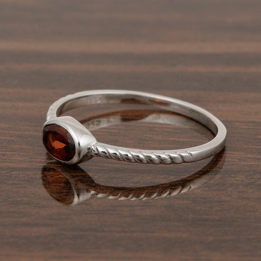 Garnet Solitaire Twisted Rope Ring - Sterling Silver