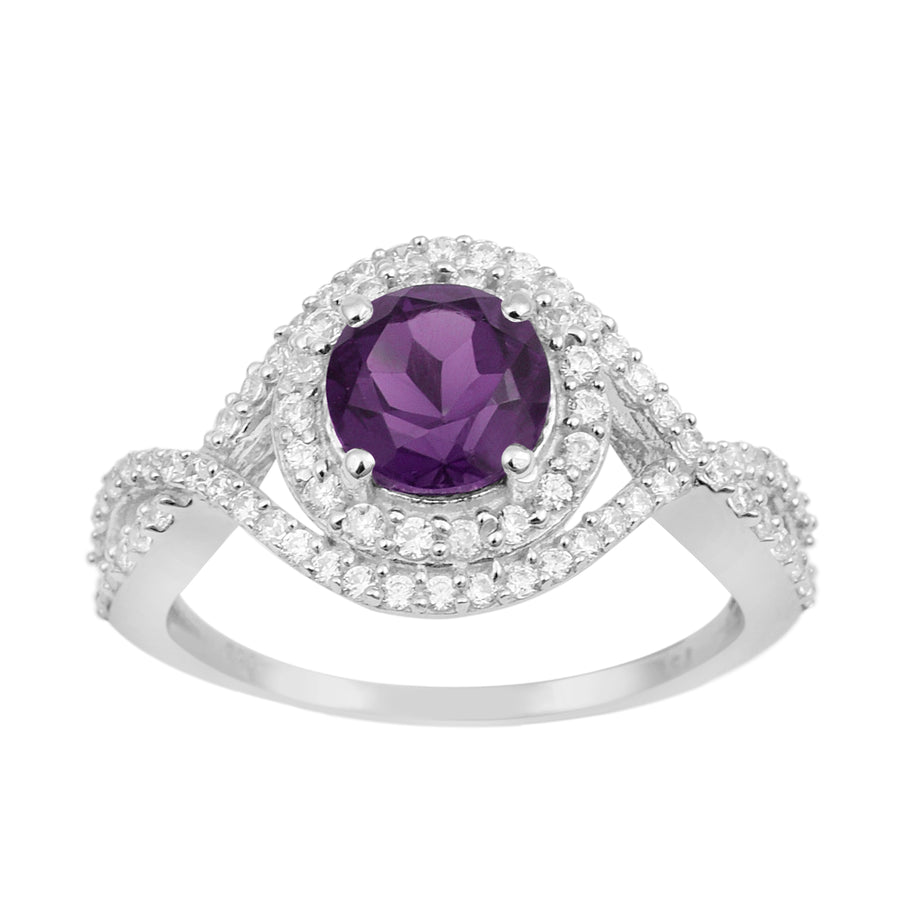Amethyst Split Shank Halo Ring - Sterling Silver