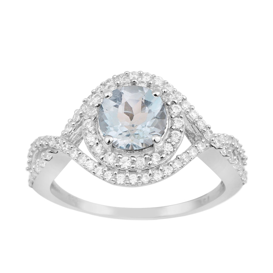 Aquamarine Split Shank Halo Ring - Sterling Silver