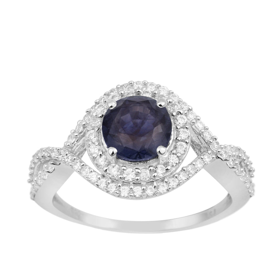 Blue Sapphire Split Shank Halo Ring - Sterling Silver