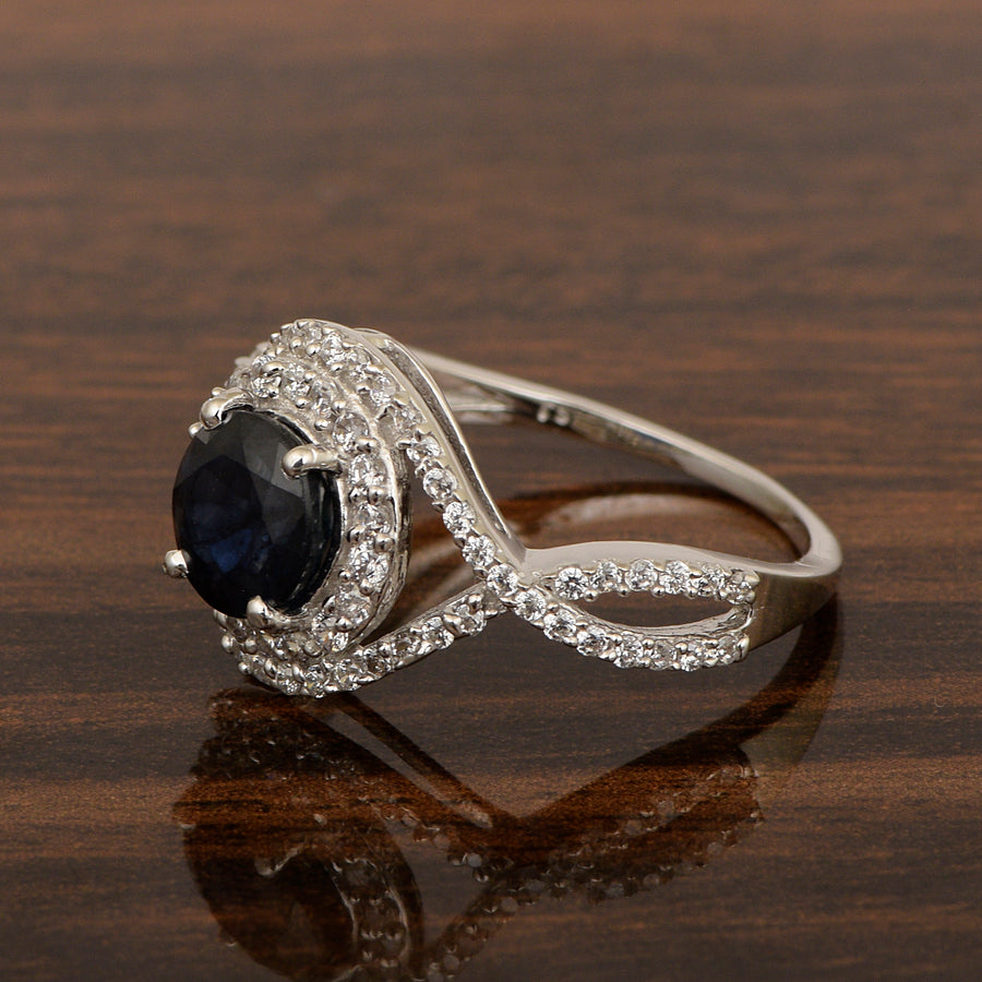Blue Sapphire Split Shank Halo Ring - Sterling Silver