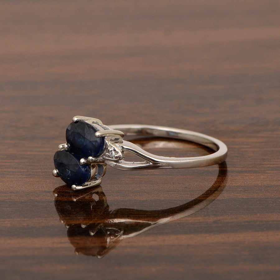 Blue Sapphire Dual Stone Bypass Ring - Sterling Silver