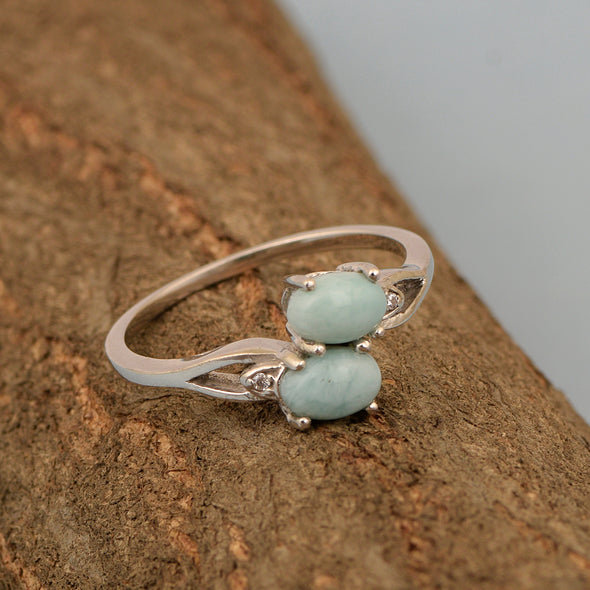 0.90 Ctw Oval Larimar 925 Sterling Silver Dual Stone Stackable Women Ring - Kimaya INC