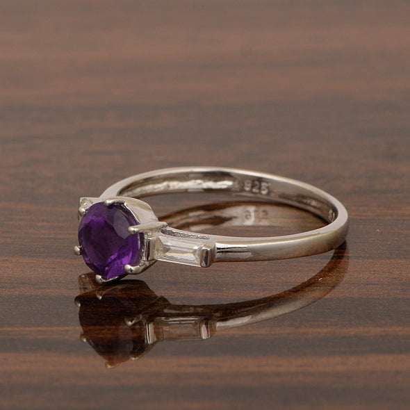 4 MM Round Amethyst 925 Sterling Silver Three Stone Solitaire Women Ring - Kimaya INC