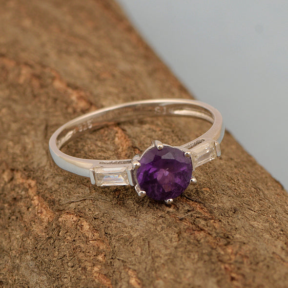 4 MM Round Amethyst 925 Sterling Silver Three Stone Solitaire Women Ring - Kimaya INC