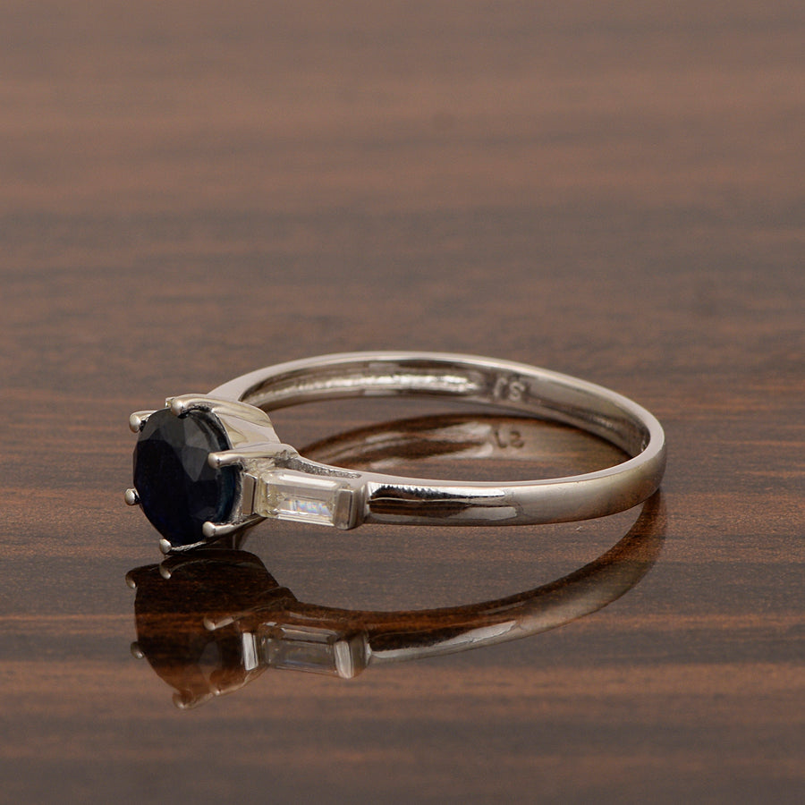 Blue Sapphire Three Stone Ring -Sterling Silver