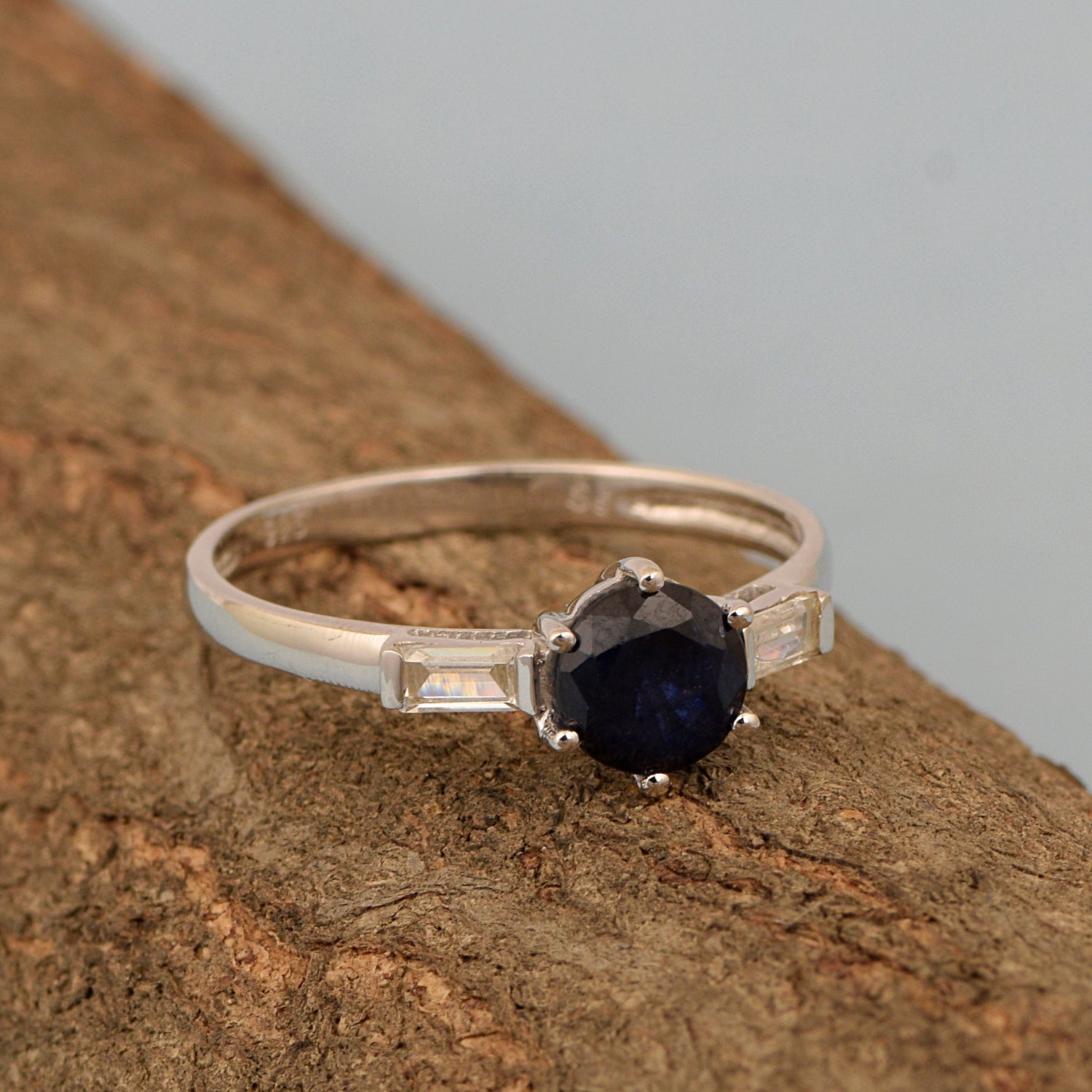 4 MM Round Blue Sapphire 925 Sterling Silver Three Stone Solitaire Women Ring - Kimaya INC