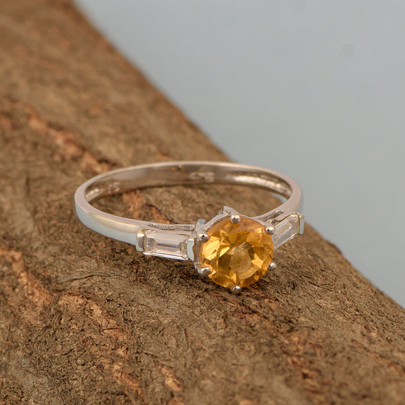 4 MM Round Citrine 925 Sterling Silver Three Stone Solitaire Women Ring - Kimaya INC