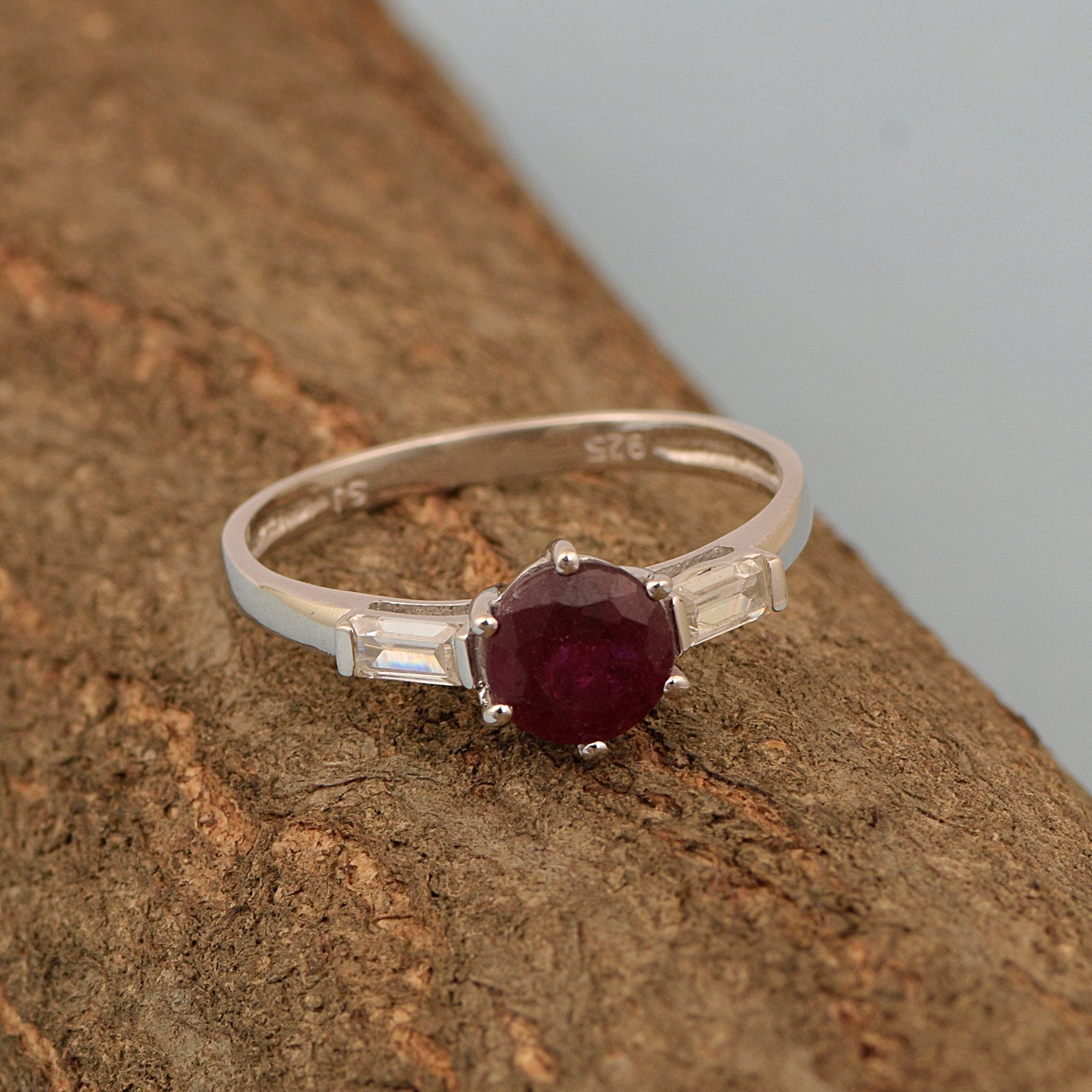 4 MM Round Ruby 925 Sterling Silver Three Stone Solitaire Women Ring - Kimaya INC