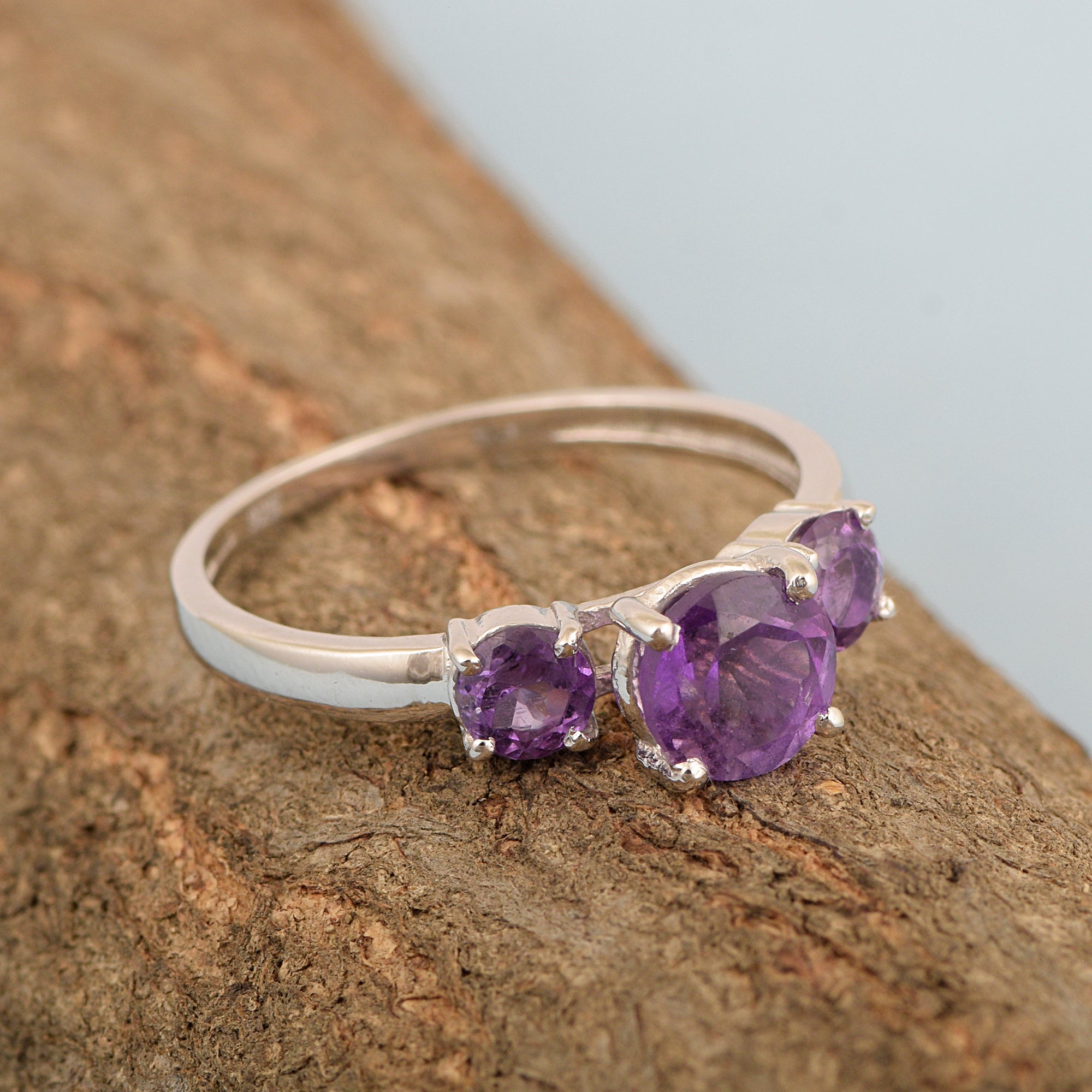 Trilogy Gemstone Amethyst 3-Stone 0.60 Ctw 925 Sterling Silver Ring - Kimaya INC