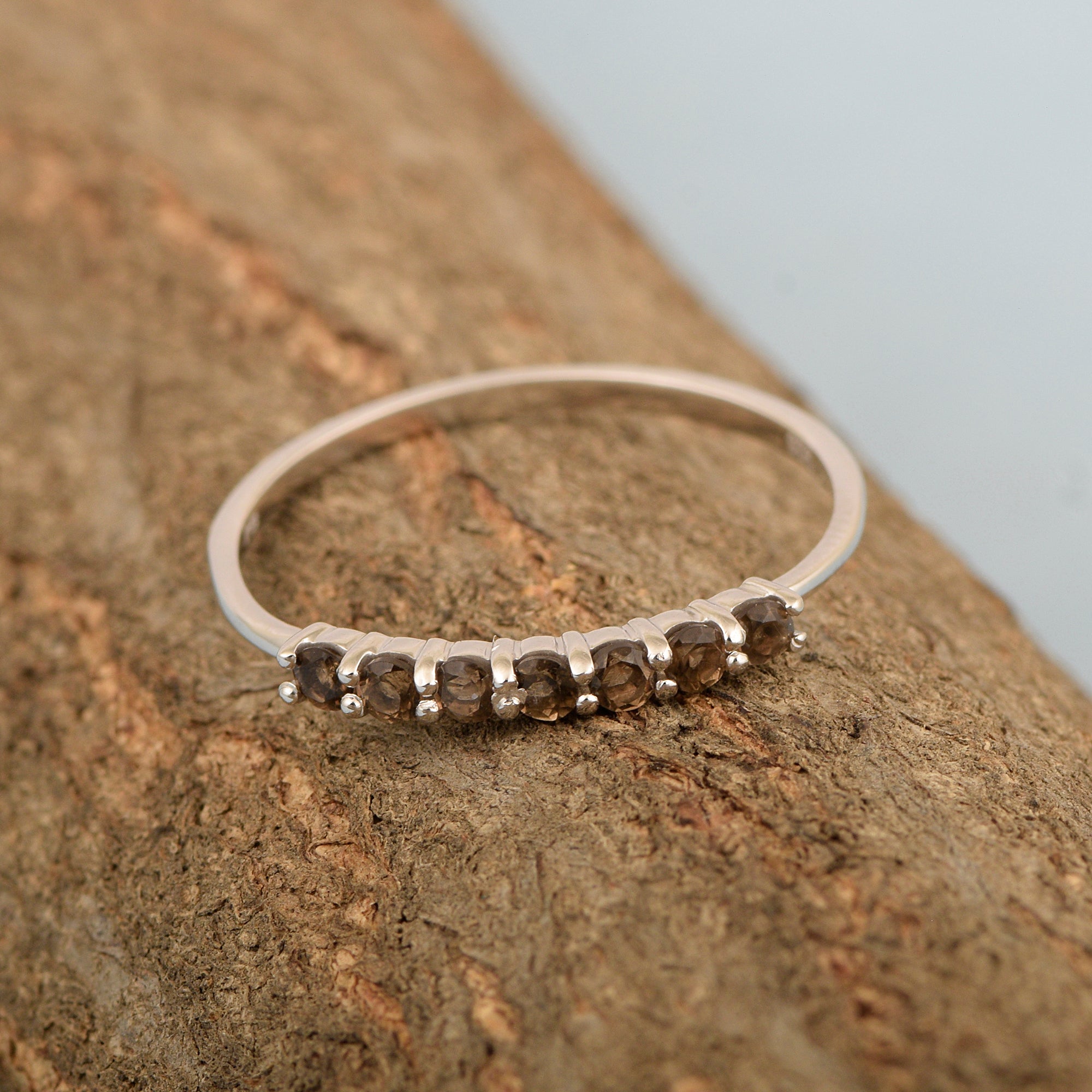 925 Sterling Silver 7-Stone 0.70 Ctw Smoky Quartz Women Wedding Rings - Kimaya INC