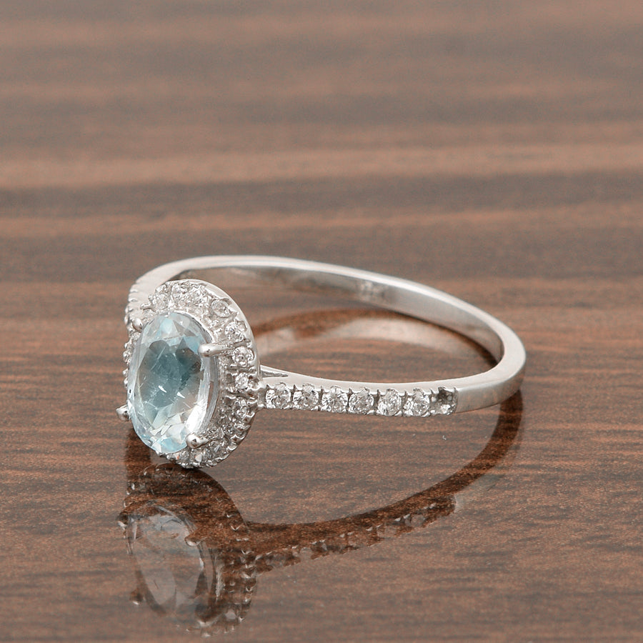 Aquamarine Solitaire Halo Ring - Sterling Silver