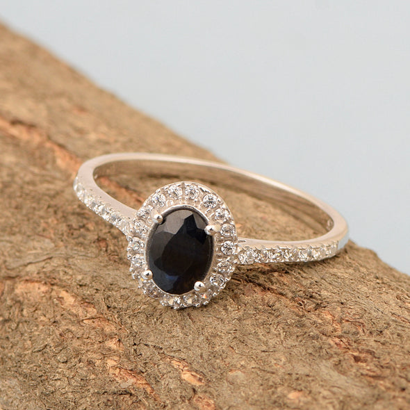 925 Sterling Silver Oval Blue Sapphire Women's Solitaire Ring - Kimaya INC